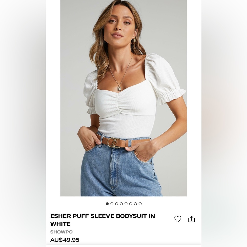 White ShowPo Bodysuit: Esher Puff Sleeve Bodysuit WORN ONCE